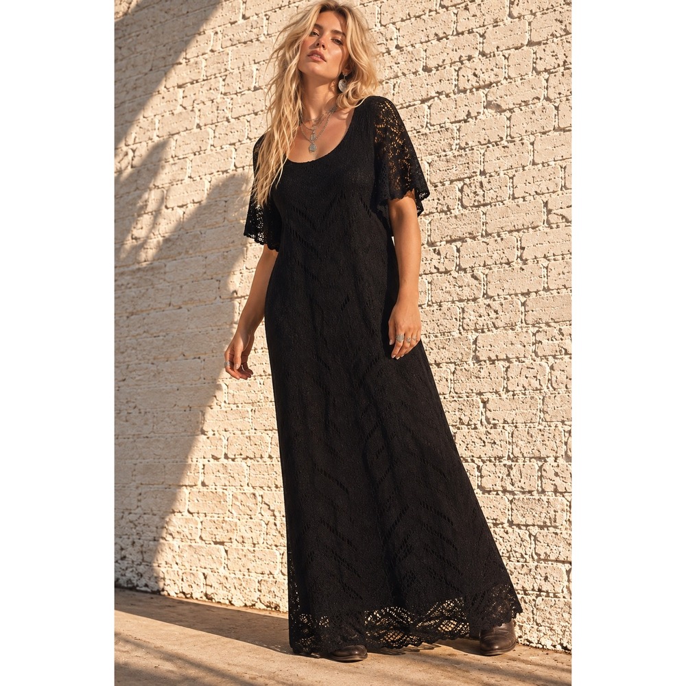 Vintage Giorgio Sant'Angelo Black Acetate Knit Maxi Dress Crochet Gothic Boho 16